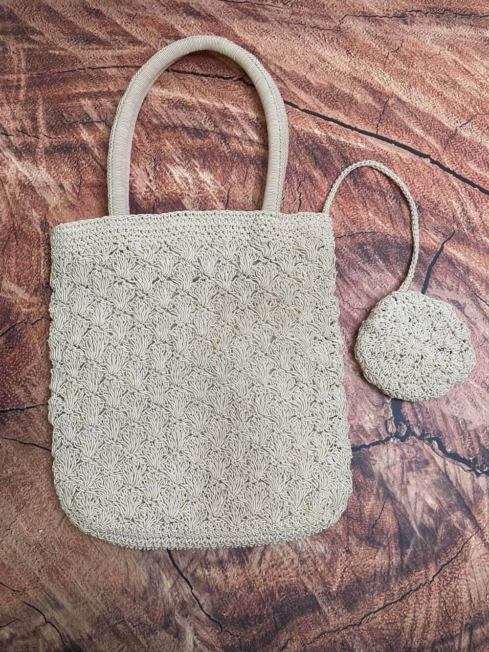 Cream White Crochet Knit Tote Shoulder Bag with Matching Coin Purse
